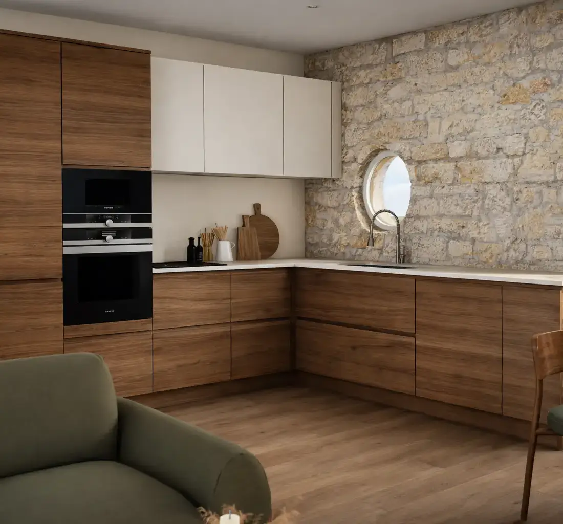 Design 3D de la cuisine pour un projet d'appartement à Paris, mur en pierre et meubles en bois