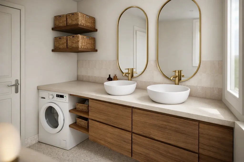 3D architecture d'intérieur salle de bain saint germain en laye, avec mobilier en bois et tons beiges