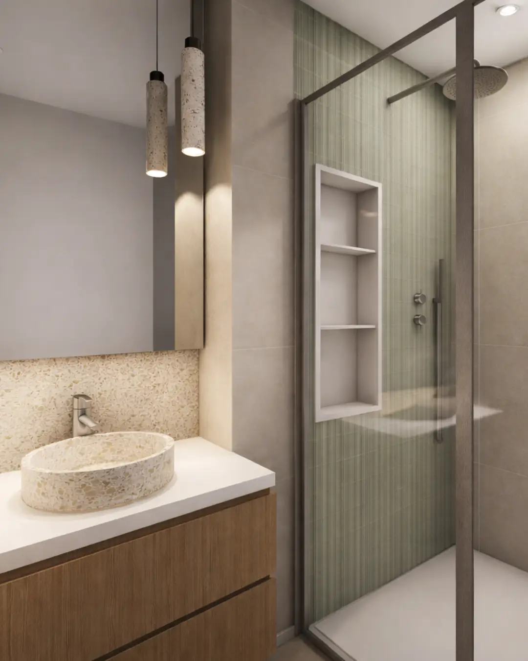 3D pour un projet d'architecture intérieure, vue de la salle de bain avec meuble en bois, vasque en pierre et douche