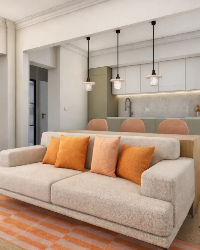 3D du projet de rénovation Paris 17, plan du salon avec cuisine en fond