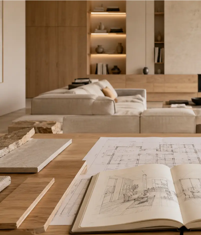Vu sur le séjour, avec plans et échantillons pour un projet d'architecture intérieur