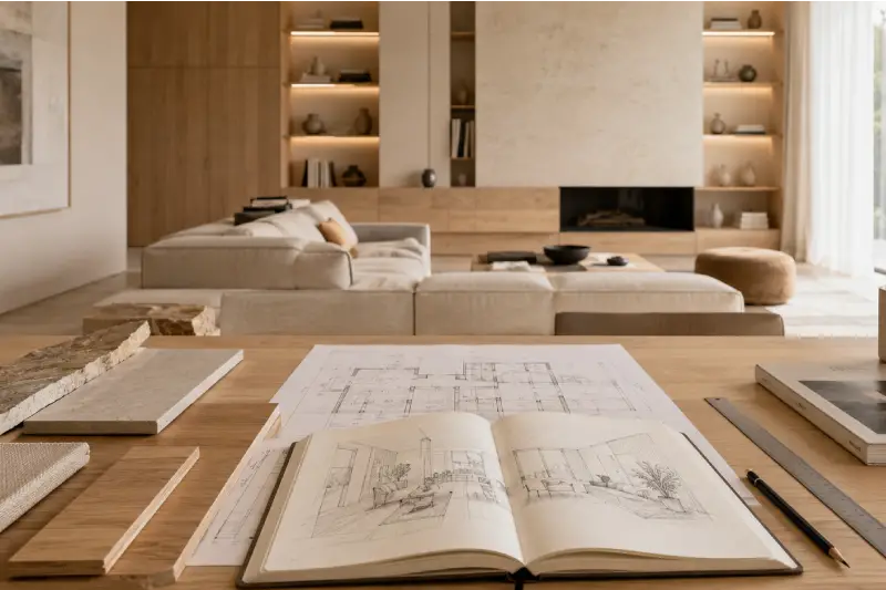 Bureau avec plans, croquis et échantillons dans le cadre d'un projet d'architecture d'intérieur