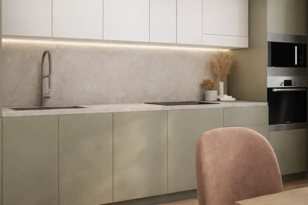3D de la cuisine du projet à Paris 17ème, cuisine vert sauge et blanc