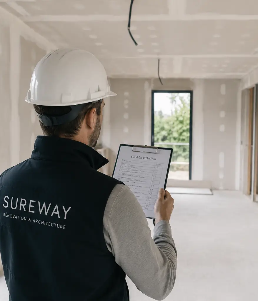 Homme avec une veste Sureway, en suivi de chantier dans le cadre d'une rénovation