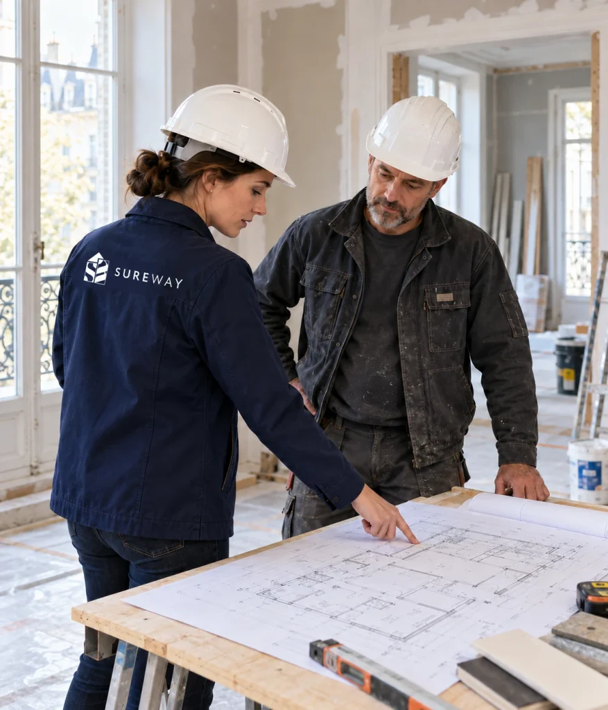 Illustration d’une réunion de suivi de chantier autour des plans avec un artisan — SureWay